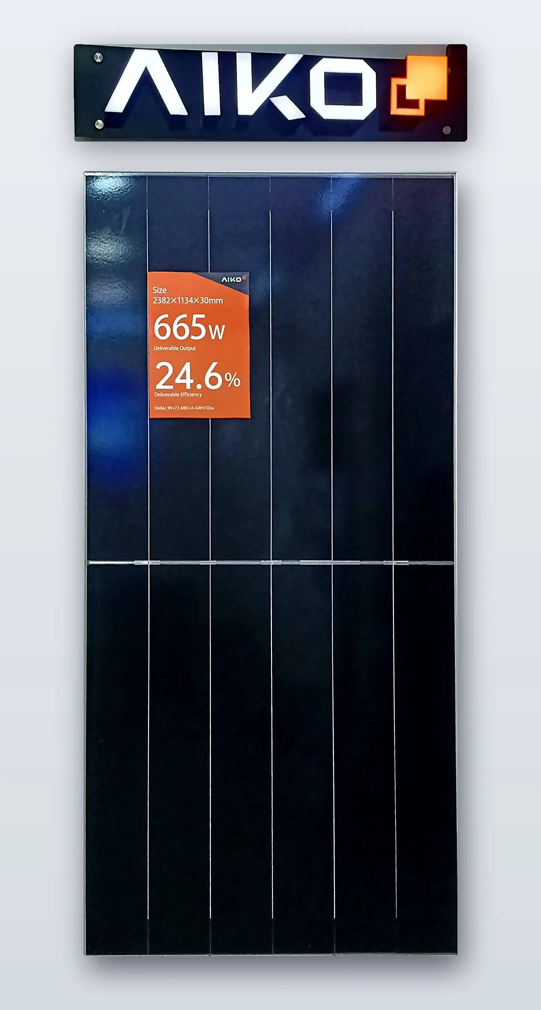 AIKO Stellar module, 665 W, 24.6% efficiency, on display at StenGrid in Lahore